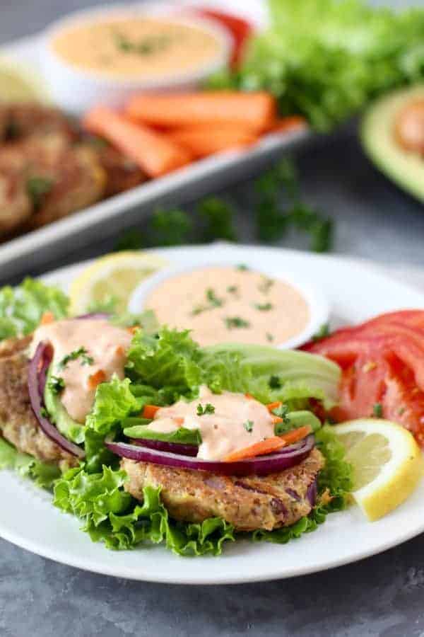 Easy Tuna Cakes with Roasted Red Pepper Mayo on a white plate