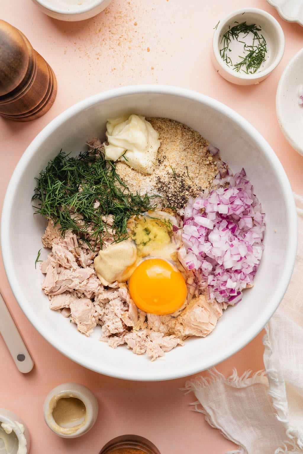 Tuna patty ingredients in a bowl.