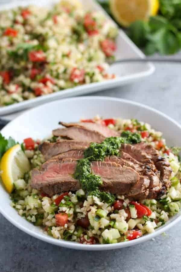 Balsamic Flank Steak with Chimichurri Sauce in white bowl
