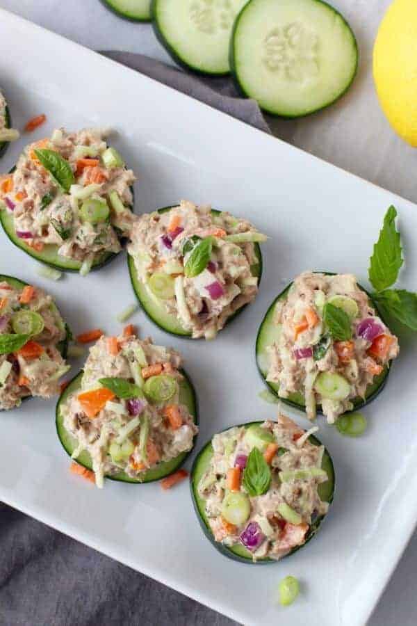 Cashew Tuna Salad Cucumber Bites on a white plate