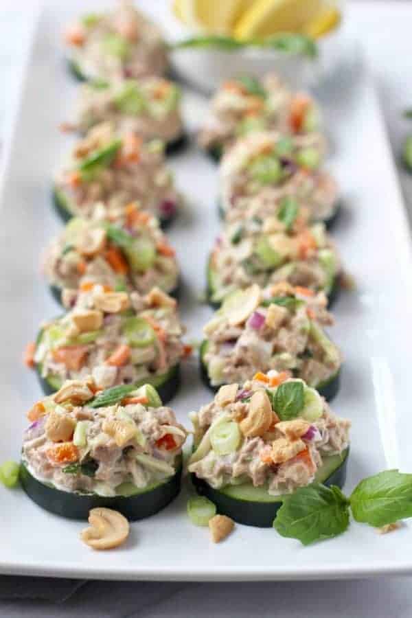 Cashew Tuna Salad Cucumber Bites on a white plate