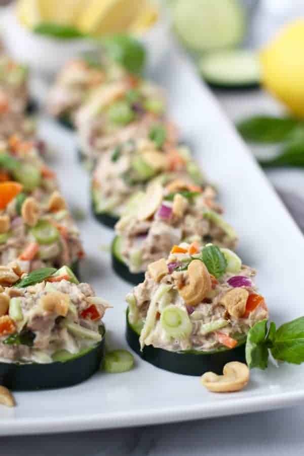 Cashew Tuna Salad Cucumber Bites on a white plate