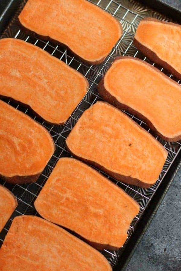 Oven Baked Sweet Potato Toast 4 Ways slices of sweet potato on a cooling rack