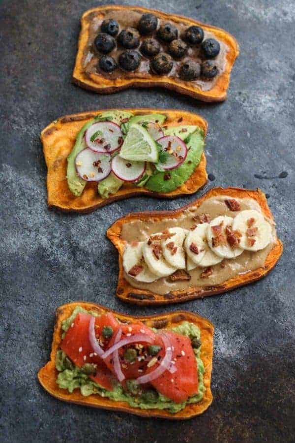 Oven Baked Sweet Potato Toast 4 Ways on a gray countertop