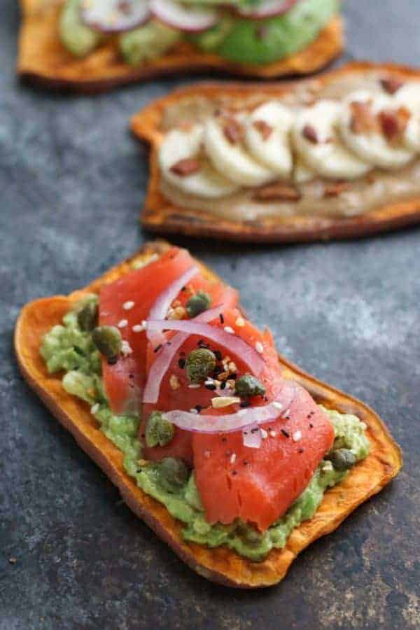 Oven Baked Sweet Potato Toast 4 Ways with avocado, tomatoes, and onion