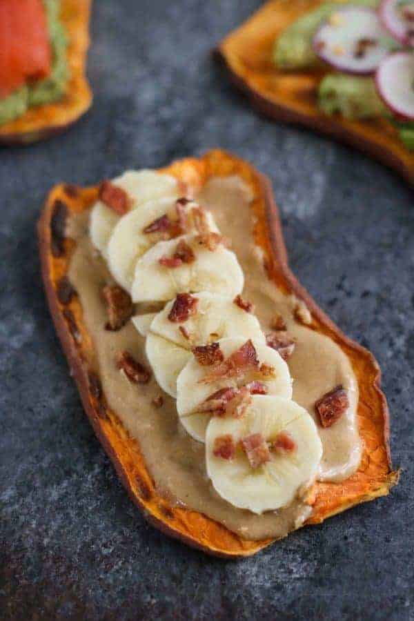 Oven Baked Sweet Potato Toast 4 Ways with peanut butter, banana, and bacon