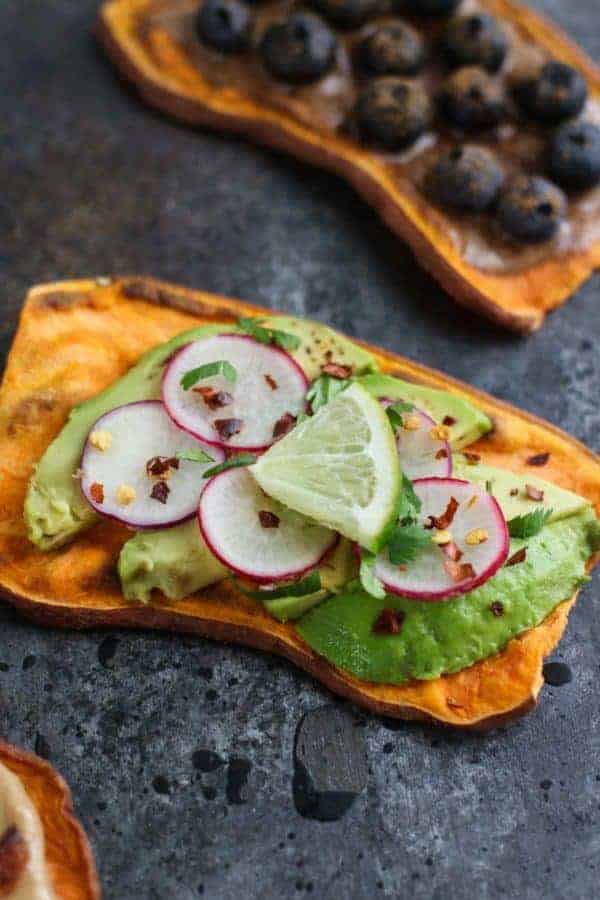 Oven Baked Sweet Potato Toast 4 Ways with avocado, radishes, and lime