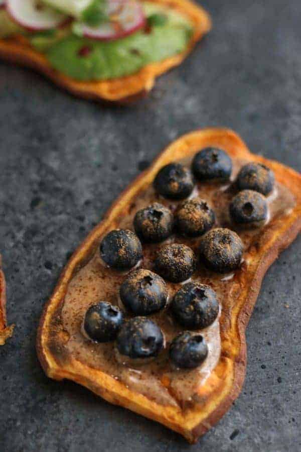 Oven Baked Sweet Potato Toast 4 Ways with blueberries and cinnamon spread