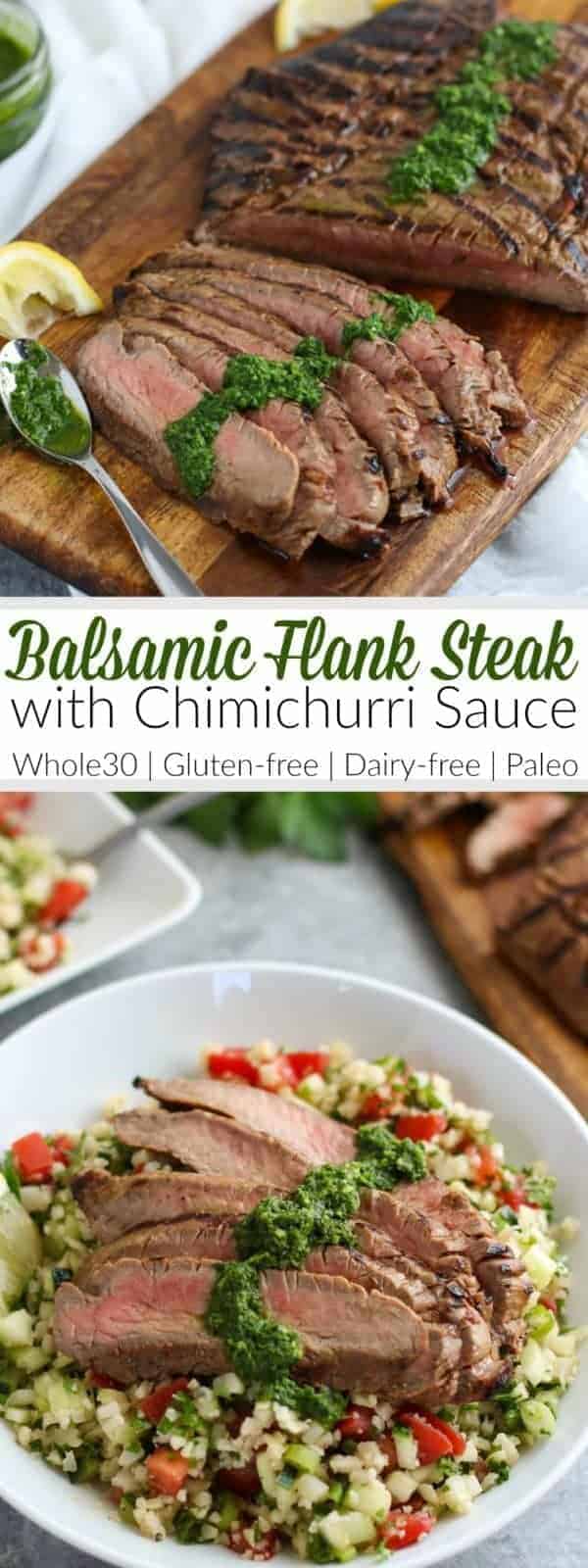 pinterest image for Balsamic Flank Steak with Chimichurri Sauce