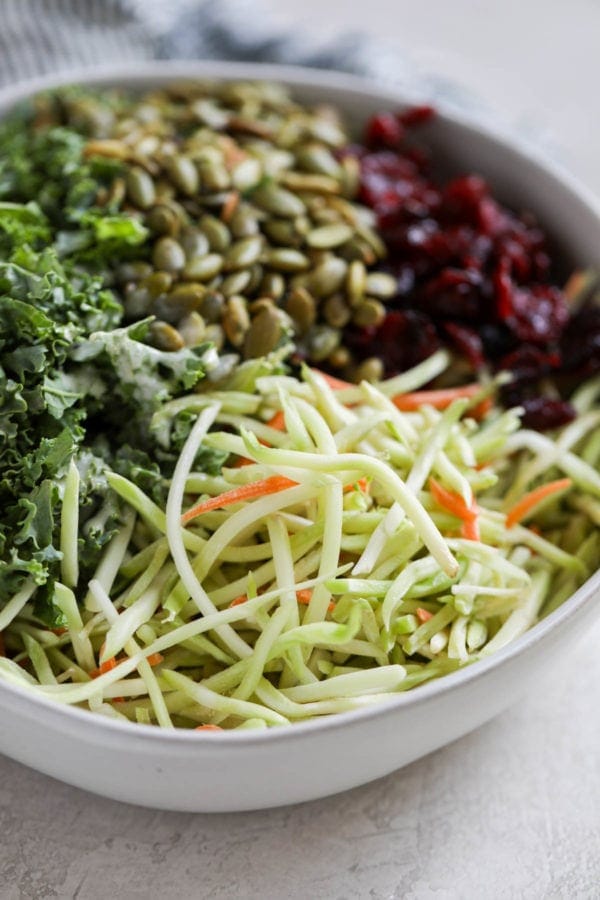 A white bowl filled with broccoli shreds, kale, pumpkin seeds, and dried cranberries.