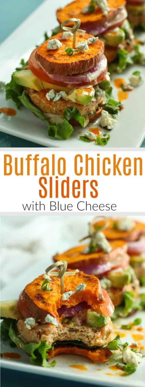 Buffalo Chicken Sliders | Buffalo wings meets sweet potato fries in these Buffalo Chicken Sliders! Serve with sliced onions, tomato, leaf lettuce and avocado, if desired. The Real Food Dietitians | https://therealfooddietitians.com/buffalo-chicken-sliders/