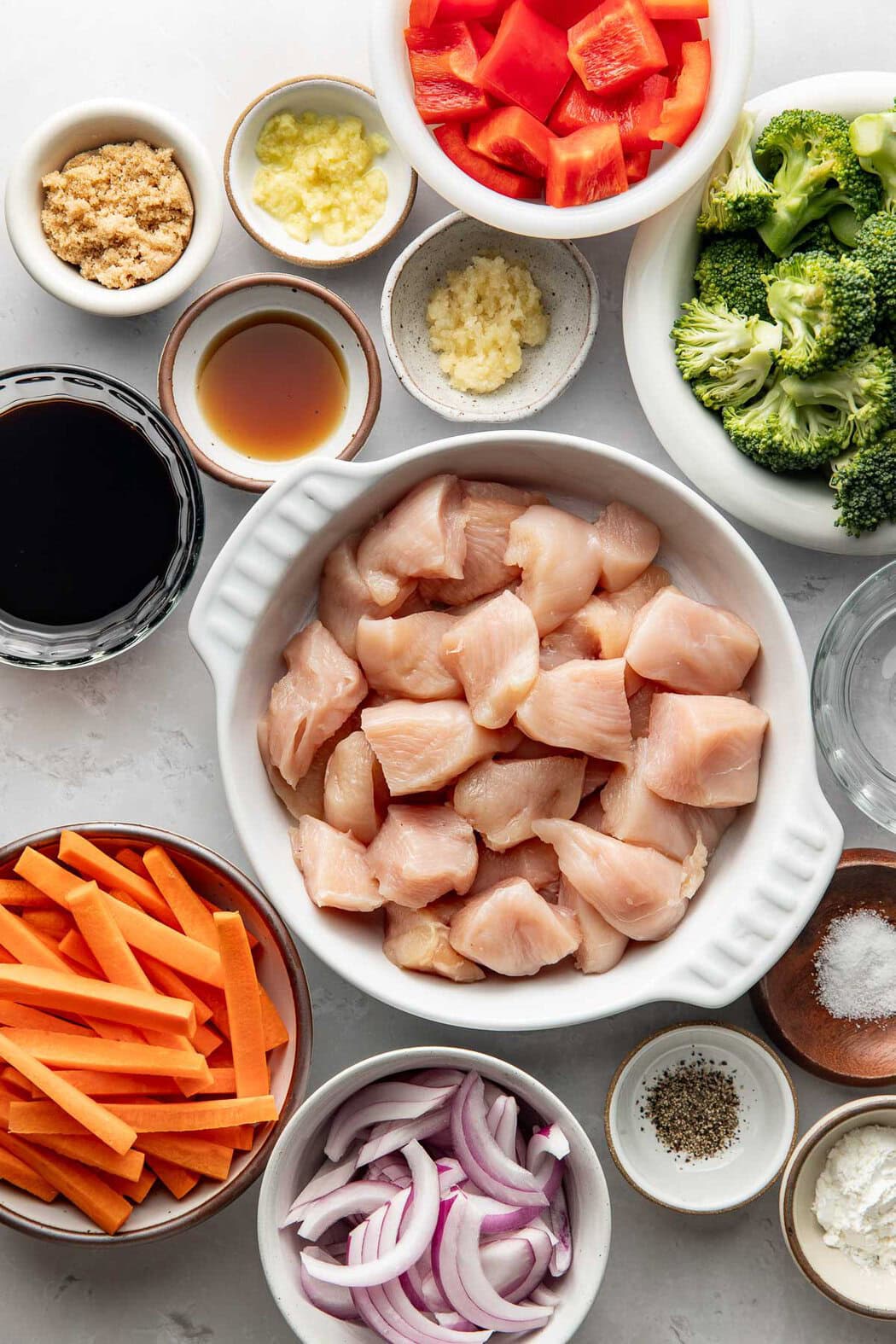 Ingredients to make sheet pan teriyaki chicken and vegetables.