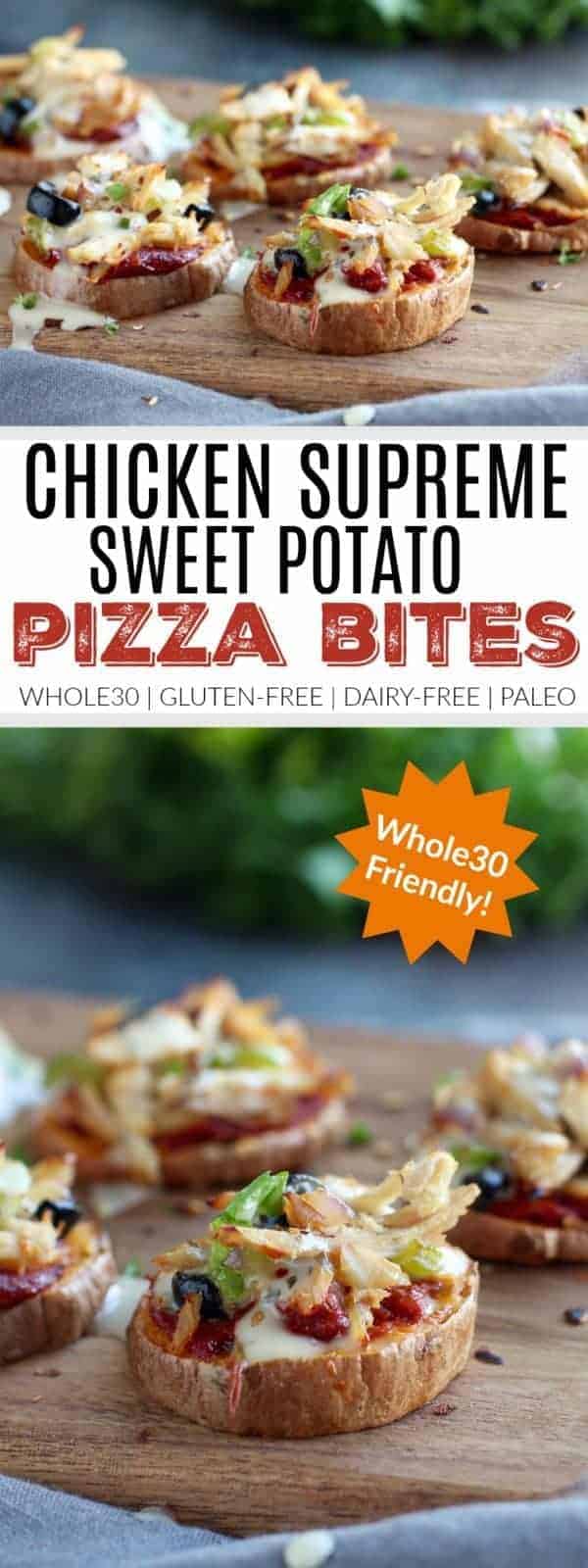 Chicken Supreme Sweet Potato Pizza Bites | pizza inspired recipes | healthy pizza alternatives | easy dinner recipes | healthy dinner recipes | Whole30 recipe ideas | Whole30 approved recipes | Whole30 dinner ideas | gluten free recipes | gluten free pizza recipes | healthy recipes using sweet potatoes | paleo dinner recipes | paleo friendly meals || The Real Food Dietitians