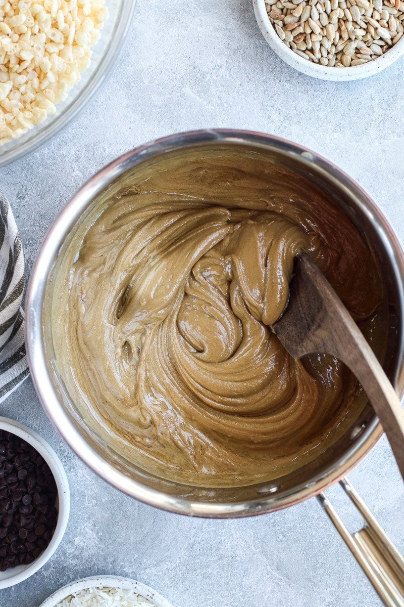 Sunflower seed butter and coconut oil melted down in a saucepan