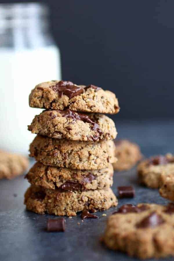 Paleo Almond butter Chocolate Chunk cookies stacked into a tower of 5