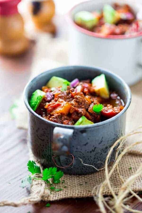 Slow Cooker Beef Chili in a copper mug