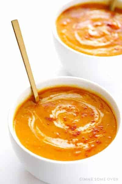Slow Cooker Butternut Squash Soup in a white bowl