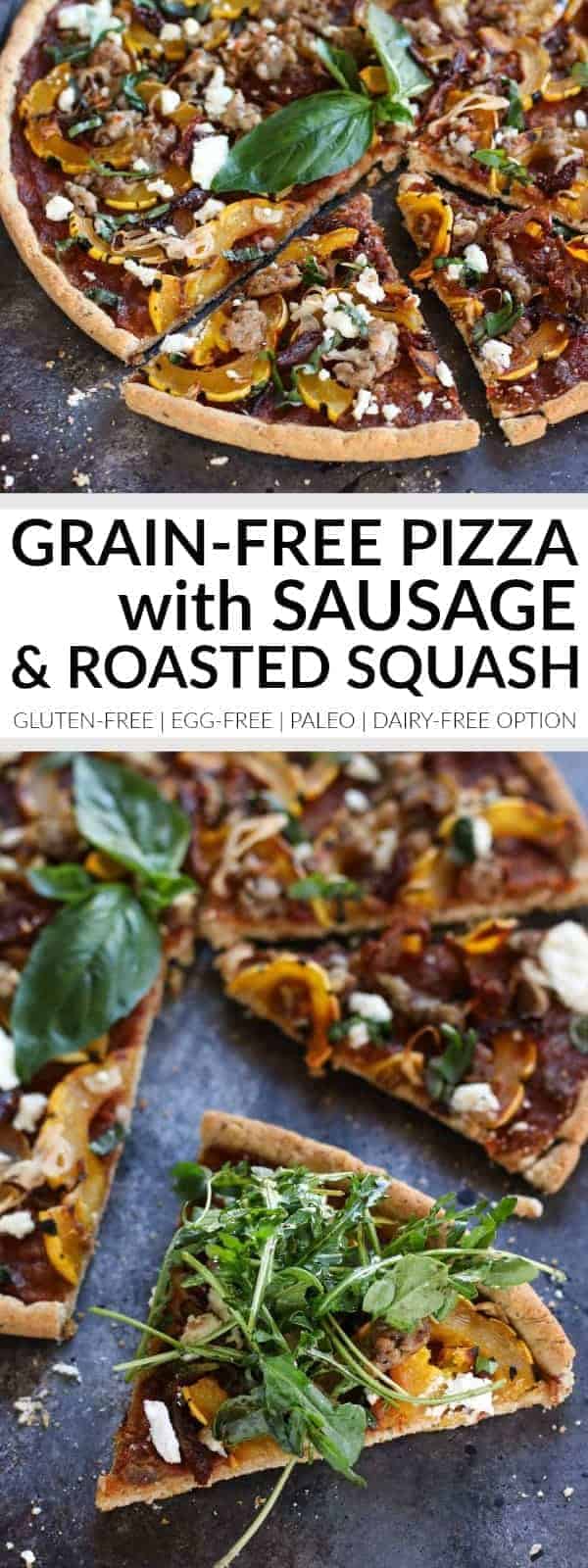 Grain-free Pizza with Sausage and Roasted Squash | healthy pizza recipes | homemade pizza recipes | gluten-free pizza | egg-free pizza | paleo pizza | dairy-free pizza | fall inspired recipes | roasted squash recipes || The Real Food Dietitians #healthypizza #paleopizza #grainfreepizza 