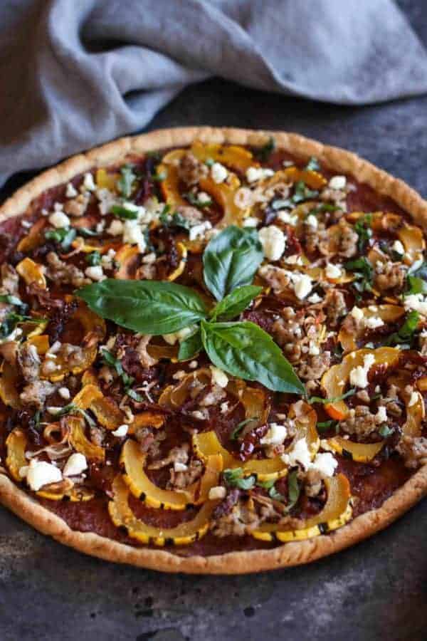 Grain-free Pizza with Sausage and Roasted Squash | healthy pizza recipes | homemade pizza recipes | gluten-free pizza | egg-free pizza | paleo pizza | dairy-free pizza | fall inspired recipes | roasted squash recipes || The Real Food Dietitians #healthypizza #paleopizza #grainfreepizza 