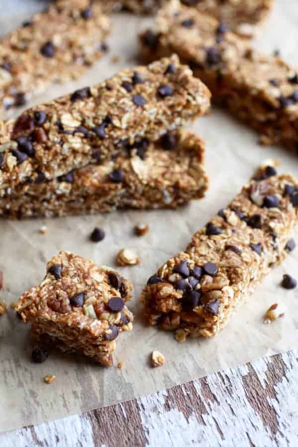 No-Bake Pumpkin Chocolate Chip Granola Bars on a table