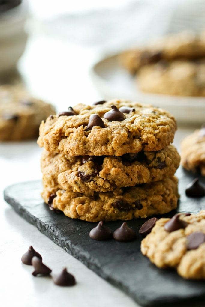 Stack of three Healthy Peanut Butter Oatmeal Cookies with Chocolate Chips