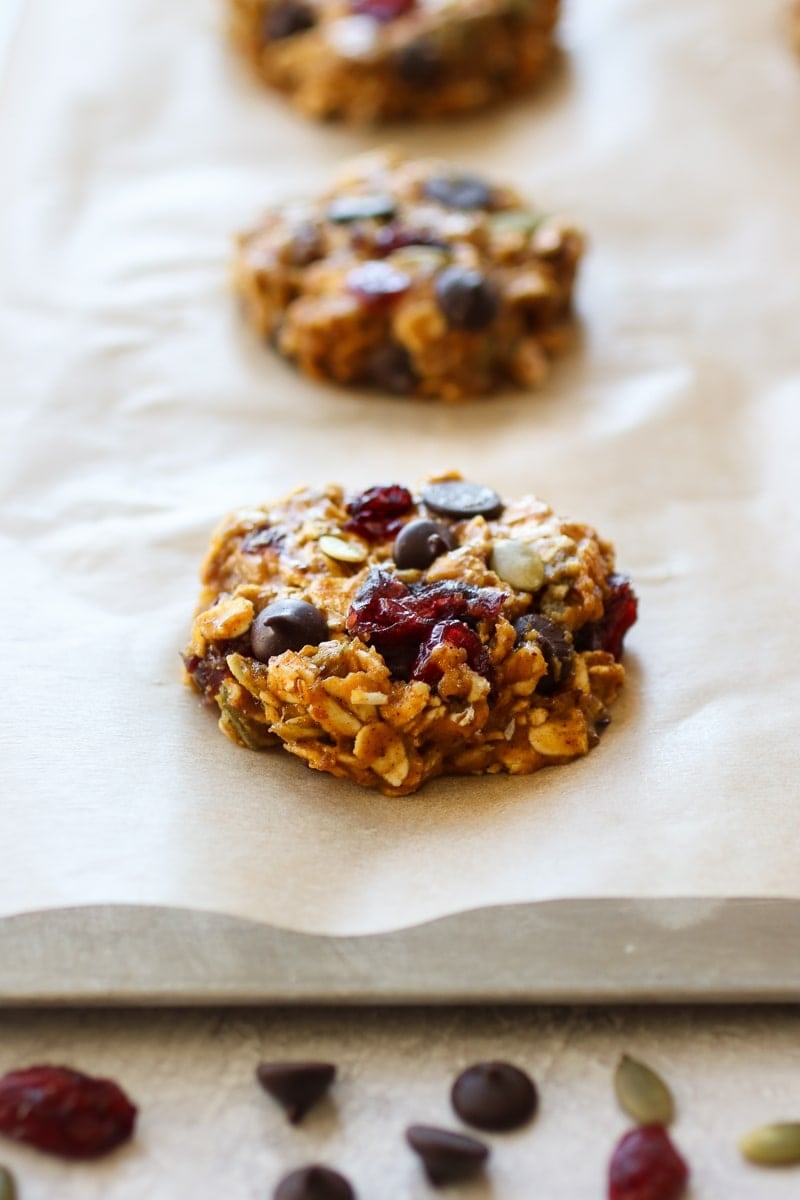 Baked oatmeal breakfast cookie on a baking sheet.