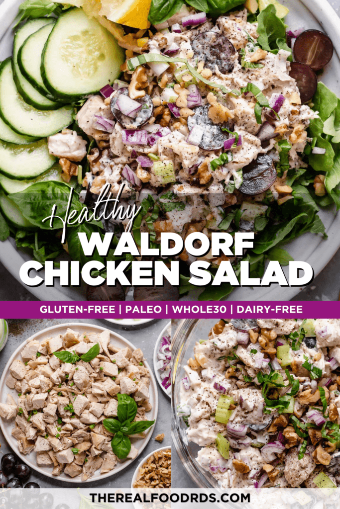 Creamy and healthy Waldorf Chicken Salad on a bed of greens with red grapes and cucumber slices on the side. 