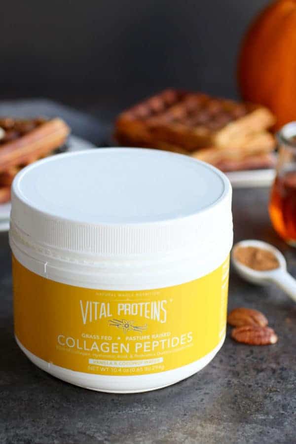 jar of Vital Proteins Collagen Peptides with waffles in the background