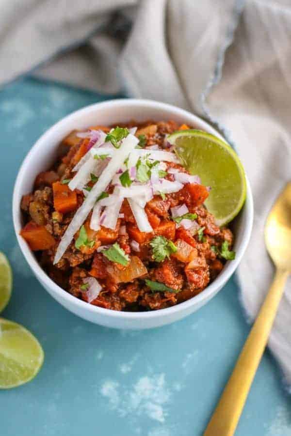 Slow Cooker Sweet Potato Chili | 30 Whole30 Soups, Stews & Chilis | healthy soup recipes | whole30 meal ideas | whole30 recipes | whole30 chili recipes || The Real Food Dietitians #whole30soups #whole30recipe #whole30meals