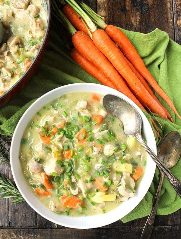 Chicken Pot Pie Soup from Jays Baking Me Crazy | 30 Whole30 Soups, Stews & Chilis | healthy soup recipes | whole30 meal ideas | whole30 recipes | whole30 chili recipes || The Real Food Dietitians #whole30soups #whole30recipe #whole30meals