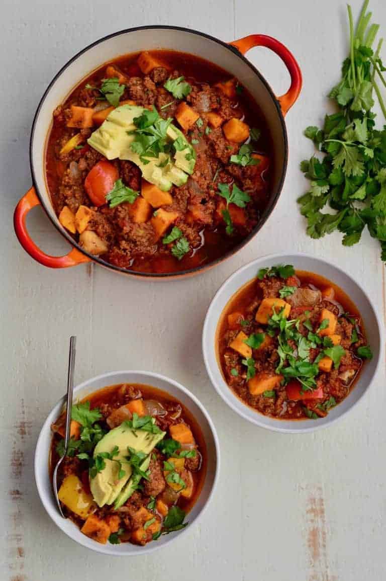 Chipotle-Chocolate Sweet Potato Chili from Real Food with Dana | 30 Whole30 Soups, Stews & Chilis | healthy soup recipes | whole30 meal ideas | whole30 recipes | whole30 chili recipes || The Real Food Dietitians #whole30soups #whole30recipe #whole30meals