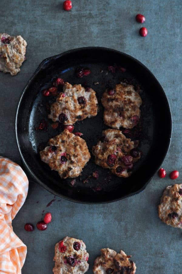 Overhead view of Cranberry Breakfast Sausage Patties in a skillet