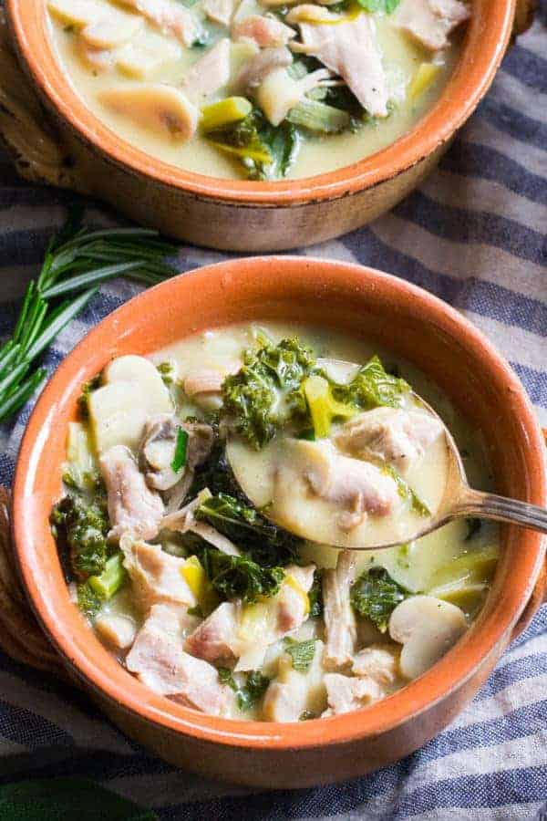 Creamy Paleo Chicken & Mushroom Soup with Mushrooms & Kale from Paleo Running Momma | 30 Whole30 Soups, Stews & Chilis | healthy soup recipes | whole30 meal ideas | whole30 recipes | whole30 chili recipes || The Real Food Dietitians #whole30soups #whole30recipe #whole30meals