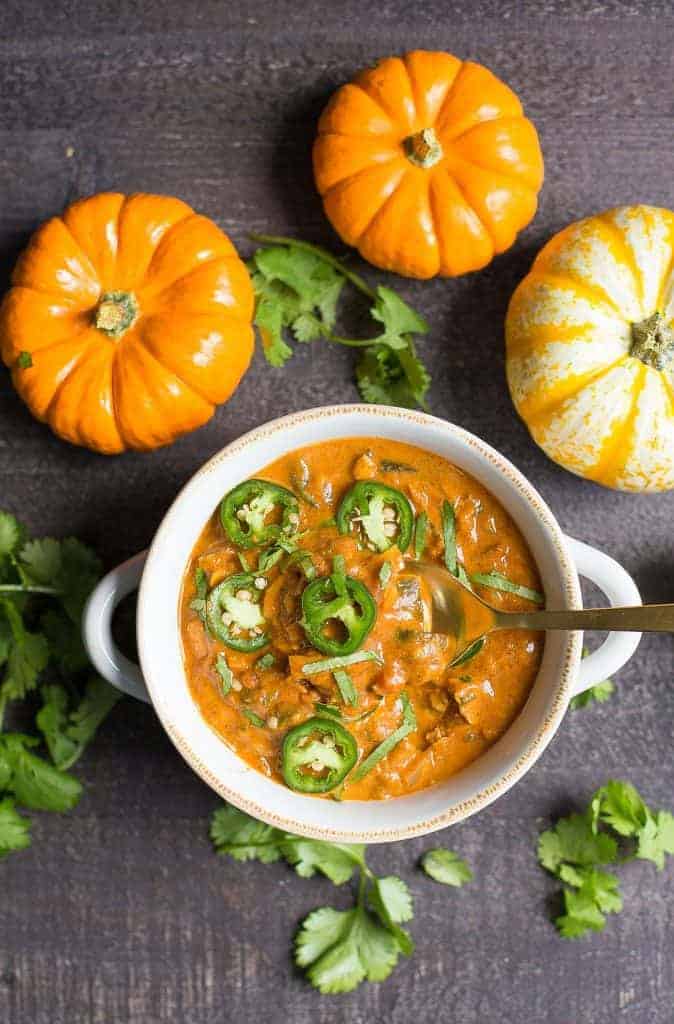 Creamy Pumpkin Chicken Chili from Wholesomelicious | 30 Whole30 Soups, Stews & Chilis | healthy soup recipes | whole30 meal ideas | whole30 recipes | whole30 chili recipes || The Real Food Dietitians #whole30soups #whole30recipe #whole30meals