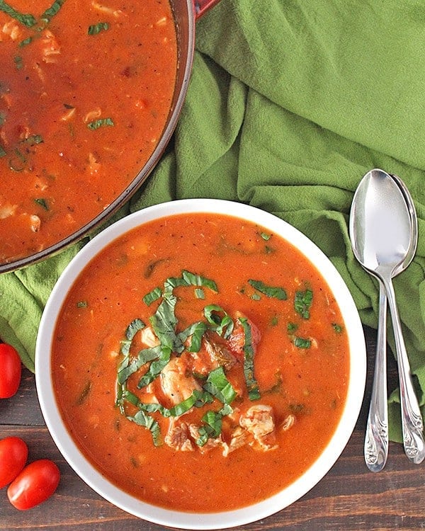 Paleo Creamy Chicken Tomato Soup from Jays Baking Me Crazy | 30 Whole30 Soups, Stews & Chilis | healthy soup recipes | whole30 meal ideas | whole30 recipes | whole30 chili recipes || The Real Food Dietitians #whole30soups #whole30recipe #whole30meals