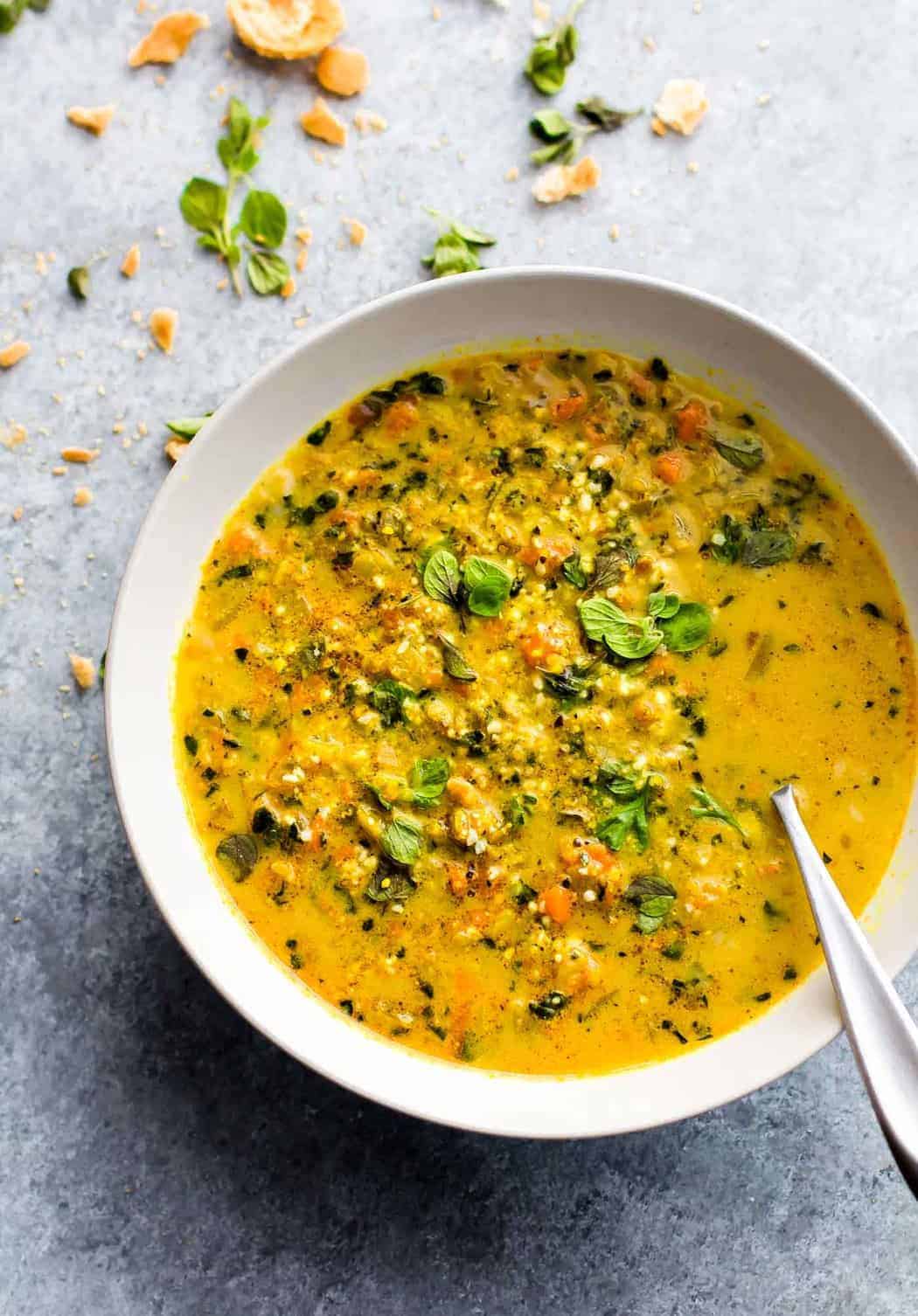 Curried Cauliflower Rice Kale Soup from Cotter Crunch | 30 Whole30 Soups, Stews & Chilis | healthy soup recipes | whole30 meal ideas | whole30 recipes | whole30 chili recipes || The Real Food Dietitians #whole30soups #whole30recipe #whole30meals