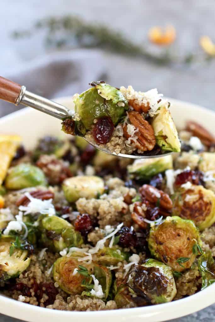 Roasted Brussels Sprouts Quinoa Salad on a spoon above a serving bowl.