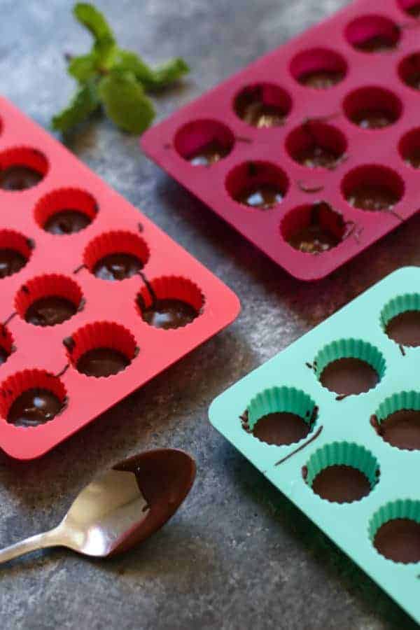 3-Ingredient Dark Chocolate Mint Cups in molds