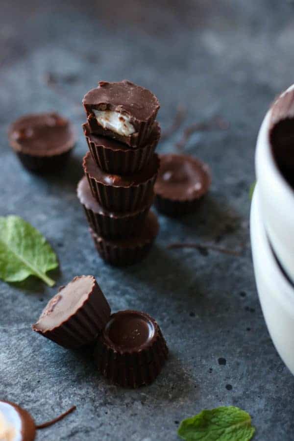 3-Ingredient Dark Chocolate Mint Cups stacked in a tower