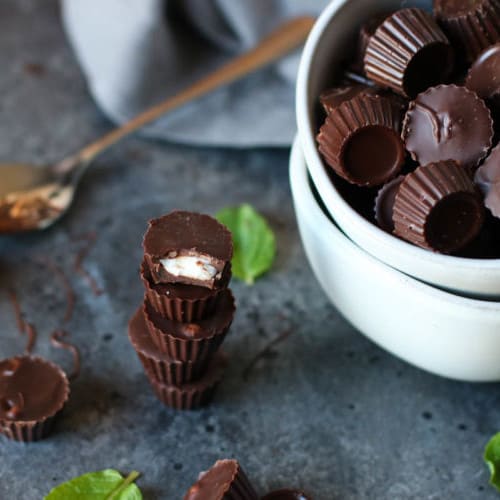 3-Ingredient Dark Chocolate Mint Cups | The Real Food Dietitians | https://therealfooddietitians.com/3-ingredient-chocolate-mint-cups/