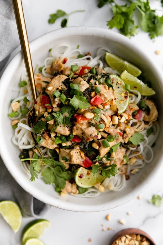 Overhead view of slow cooker Thai-inspired chicken served in a bowl with pad Thai noodles.
