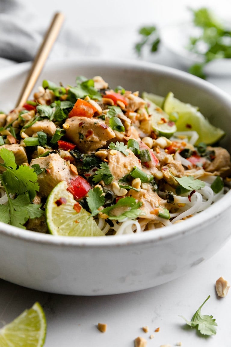 Close up view of slow cooker thai peanut chicken served in stone bowl topped with cilantro and chopped peanuts. 