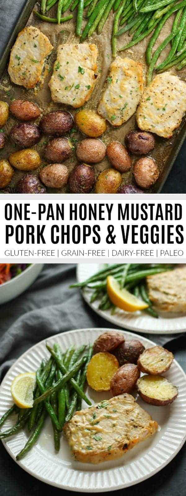 Pinterest image for one-pan honey mustard pork chops and veggies
