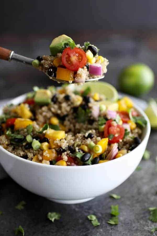 Tex-Mex Quinoa Salad on a silver spoon 