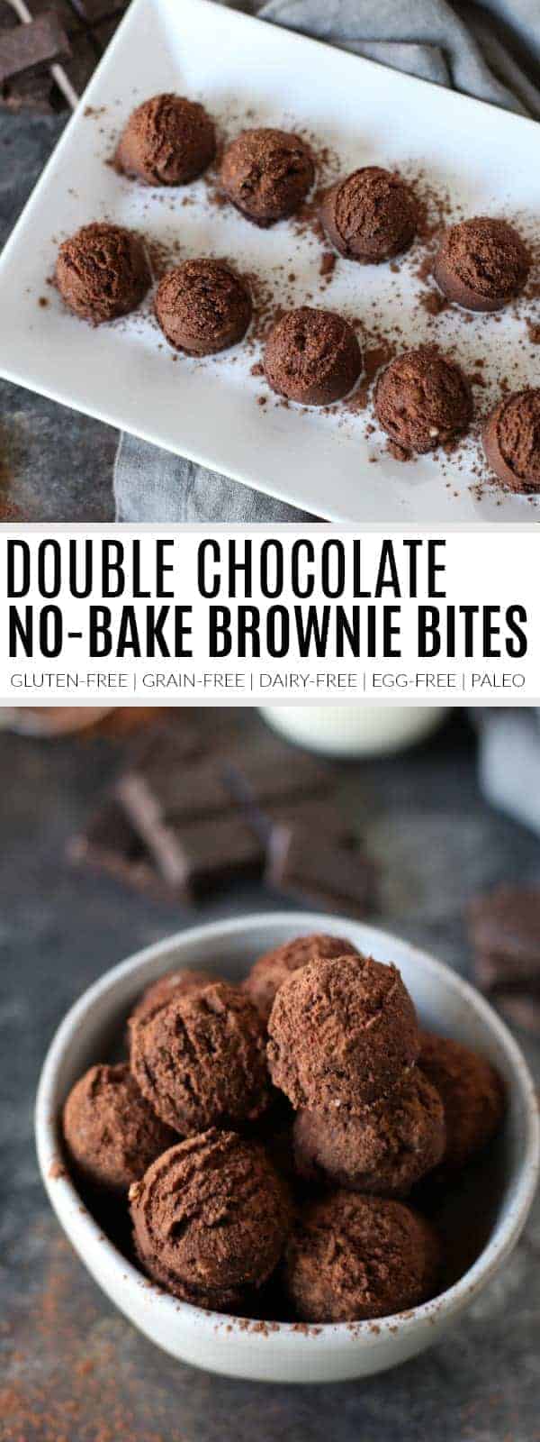 pinterest image for double chocolate no-bake brownie bites