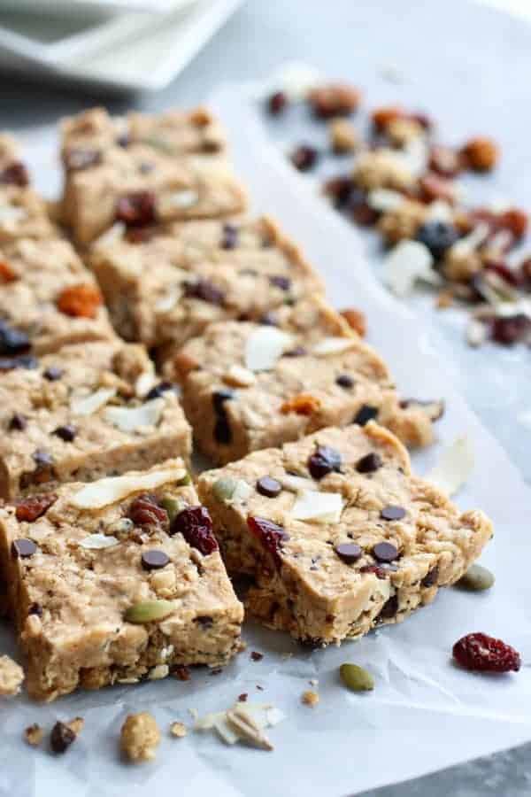 Homemade granola bars on parchment paper. 