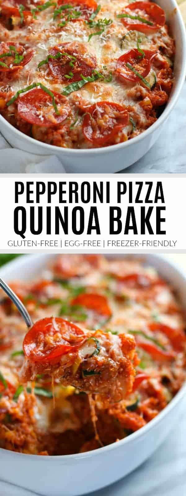 pinterest image for pepperoni pizza quinoa bake