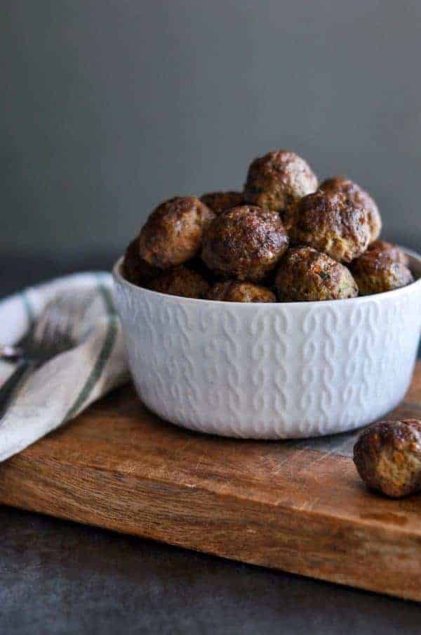 Baked Veggie Loaded Meatballs in a white bowl