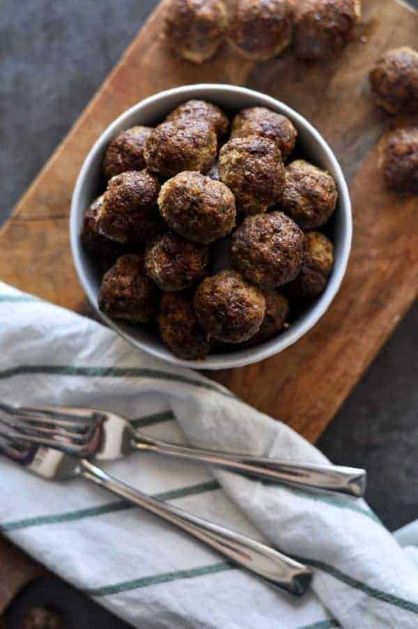 Baked Veggie Loaded Meatballs in a white bowl