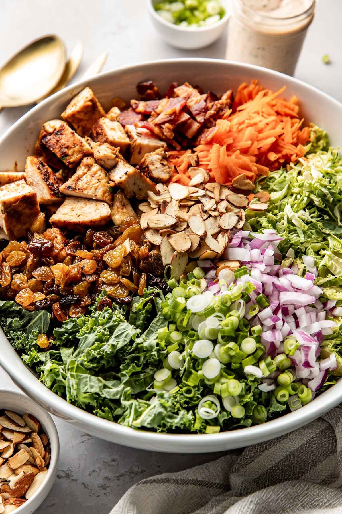 Close up view of Blackened Chicken pieces in a colorful salad bowl with greens and bright vegetables. 